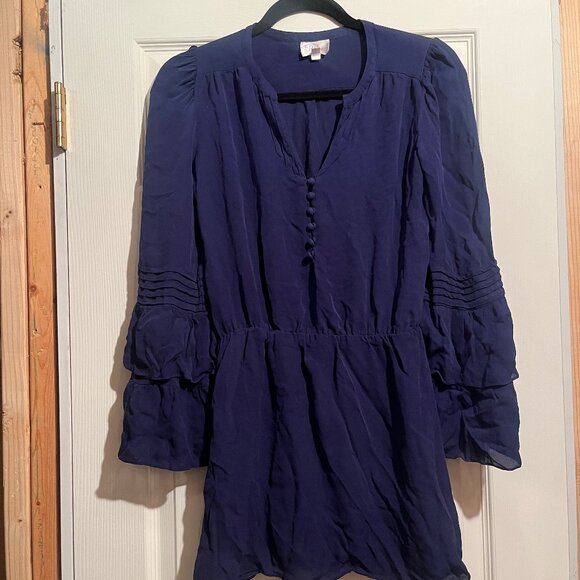 PARKER 100% Silk Navy Blue V Neck Ruffle Detail Mini Dress Short Cute XS - Picture 4 of 6